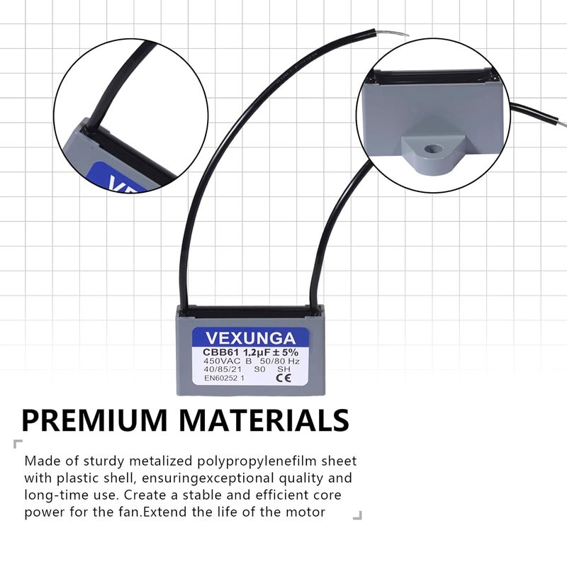 VEXUNGA CBB61 Fan Capacitor 1.2uF 450 Volt Ceiling Fan Capacitors Replacement 1.2MFD 450V AC 450VAC 50/60Hz 2Wire for Fans Motor Start Run (2Pcs) - Image 5